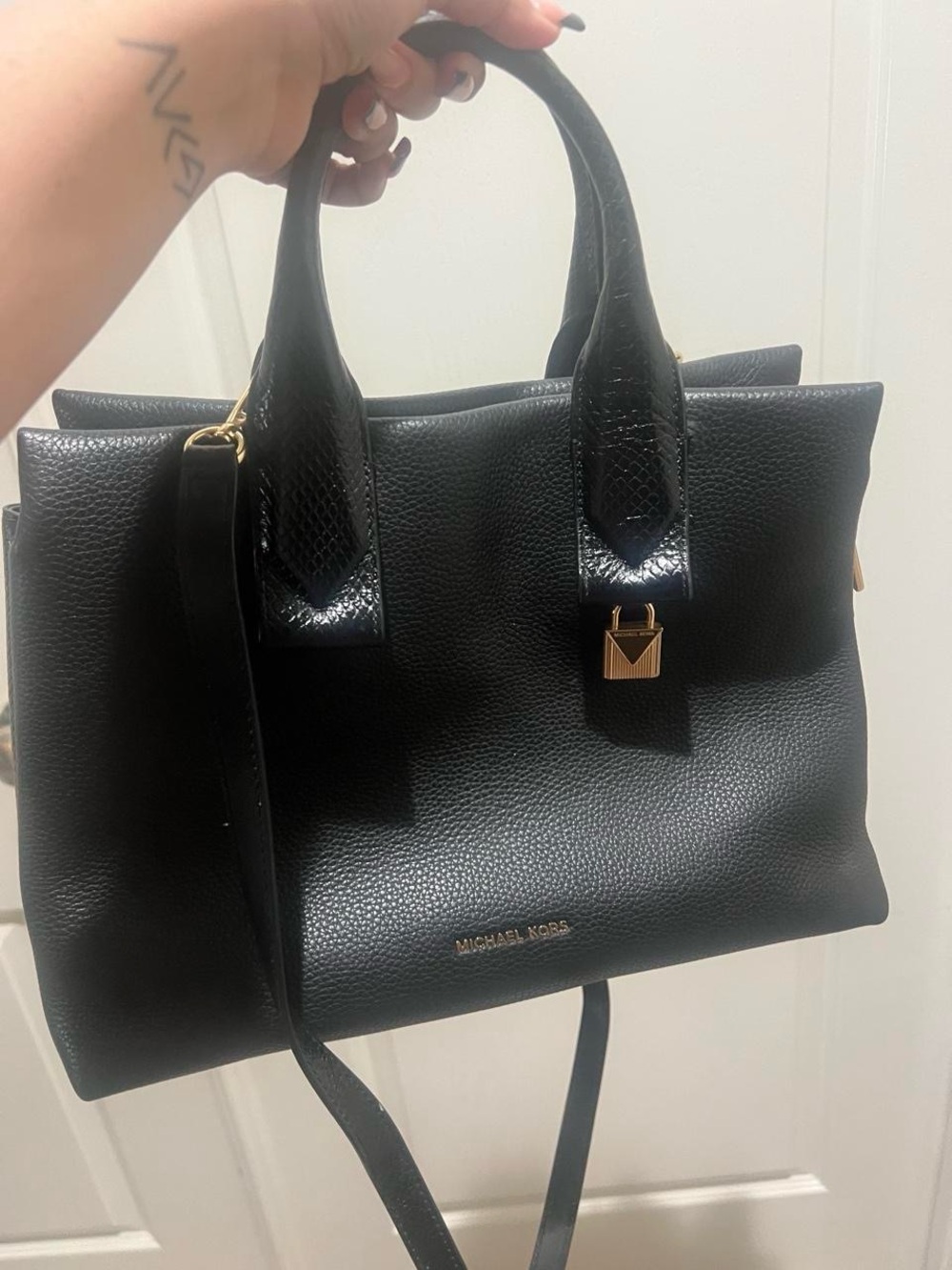 Michael Kors Black Leather Satchel with Gold Hardware
